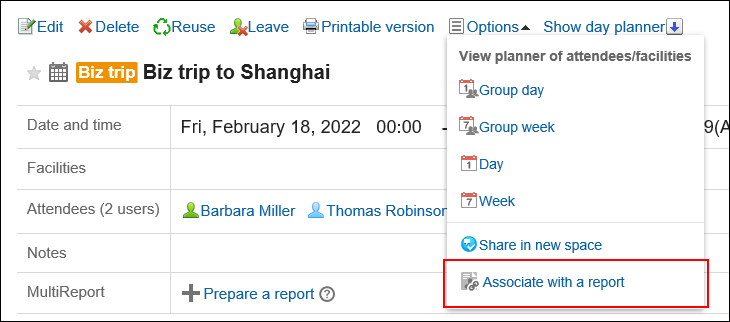 Screen capture: Action link to associate with a report