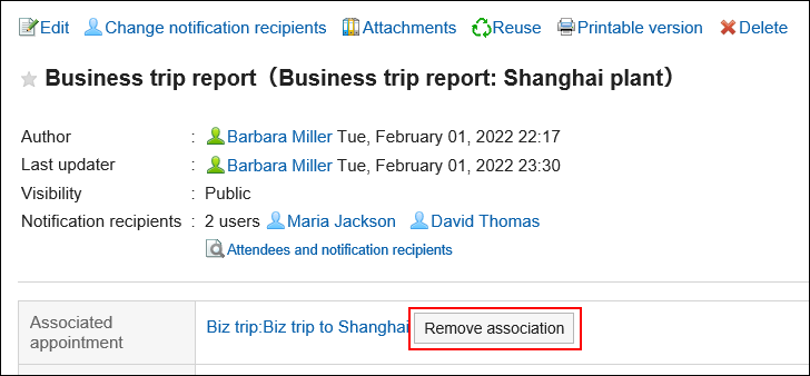 Screen capture: Button to remove association