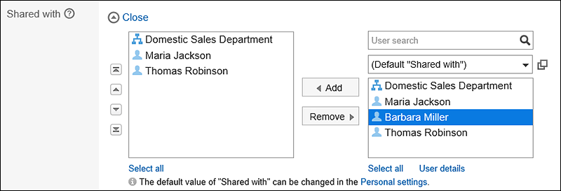 Screen capture: Setting "Shared with" users on the "New appointment" screen