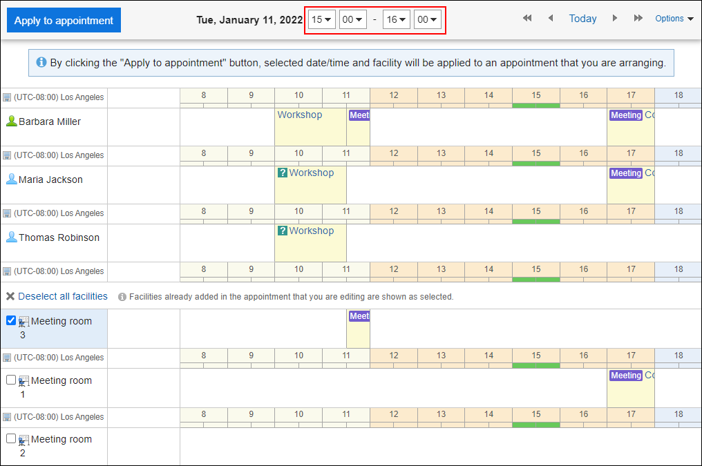 Screen capture: Dropdown list to select date and time