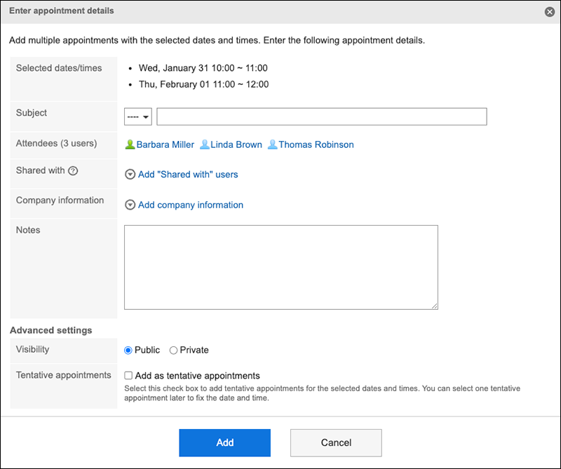 Screenshot: Example of the "Enter appointment details" dialog