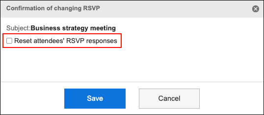 Screenshot: In the "Confirmation of changing RSVP" screen, the "Reset attendees' RSVP responses" checkbox is highlighted