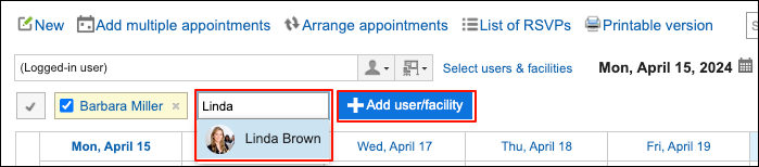 Screenshot: Week view screen. The "Add user/facility" button link and the input field are highlighted