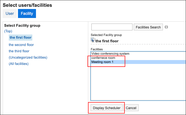 Screenshot: Selecting a facility configured for an appointment to delete