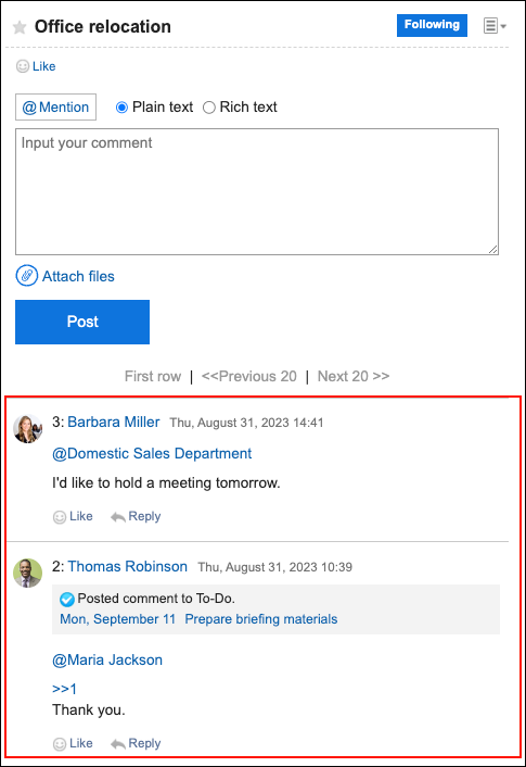 Screenshot: Comment is highlighted in the Discussion screen