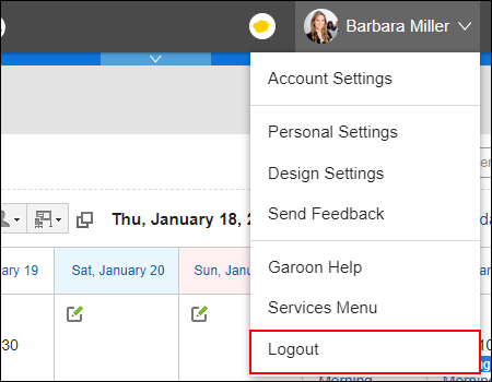 Screenshot: The "Logout" action link is highlighted in the dropdown list of the user name