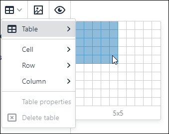 Screen capture: Selecting the number of columns and rows on the menu to configure table cells