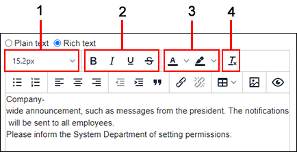 Screen capture: In the Rich text toolbar, the icons to decorate texts are highlighted