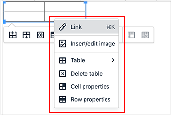 Screen capture: Showing a menu that appears when you right-click the table