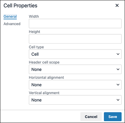 Screen capture: The general setting tab for Cell Properties