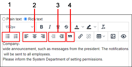 Screen capture: In the Rich text toolbar, the icons to change the layout of texts are highlighted