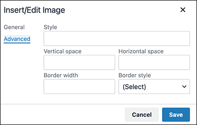 Screen capture: The advanced settings in the "Insert/Edit Image" dialog