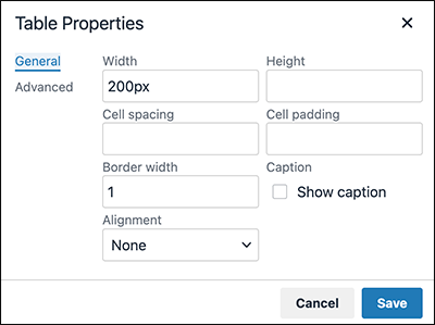 Screen capture: The general setting screen for Table Properties