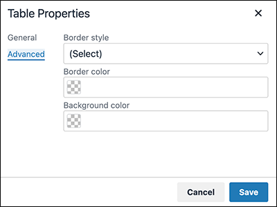 Screen capture: The advanced setting screen for Table Properties