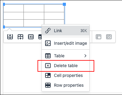 Screen capture: An action link to delete a table on the menu that appears when you right-click the table is highlighted