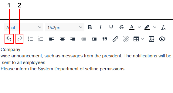 Screenshot: The Undo and Redo icons are highlighted on the Rich text toolbar