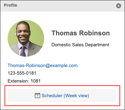 Screenshot: Profile dialog with Scheduler (Week view) link highlighted
