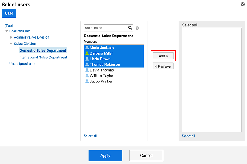  "Select users" screen