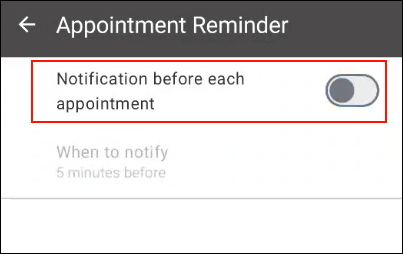 Screenshot: "Notification before each appointment" is disabled in the appointment reminder screen