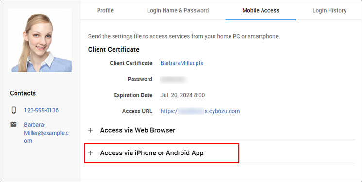Screenshot: Access via iPhone or Android App is highlighted