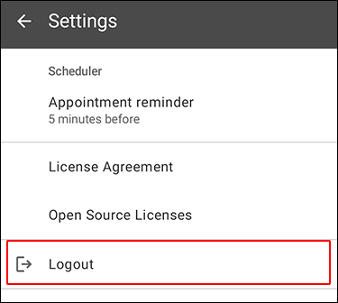 Screenshot: Logout is highlighted in the settings screen