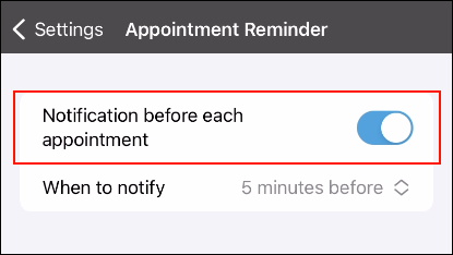 Screenshot: Appointment reminder is highlighted in the settings screen
