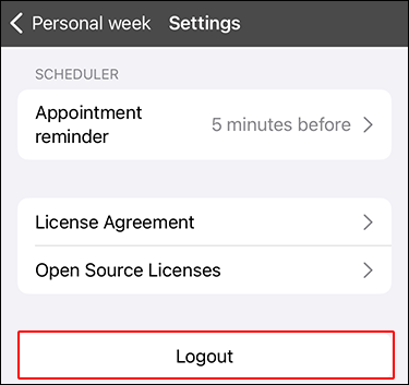 Screenshot: Logout is highlighted in the settings screen