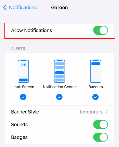 Screenshot: Notifications settings screen of Garoon mobile