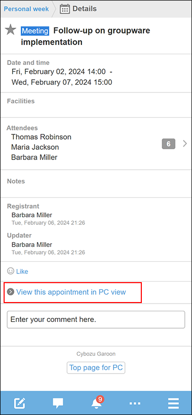 Screenshot: The "View this appointment in PC view" link is highlighted