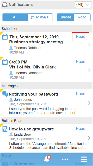 Screenshot: The "Notification" screen with the "Read" action link highlighted