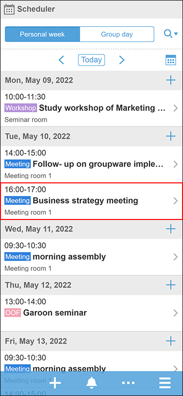 Screenshot: The "Personal week" screen with the target appointment highlighted