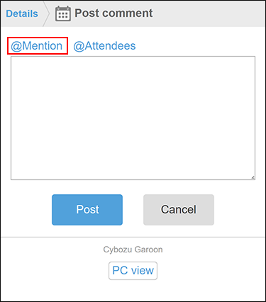 Screenshot: The screen to post comments with the @Mention action link highlighted