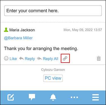 Screenshot: Details screen in Scheduler in which the permalink icon of an appointment comment is highlighted