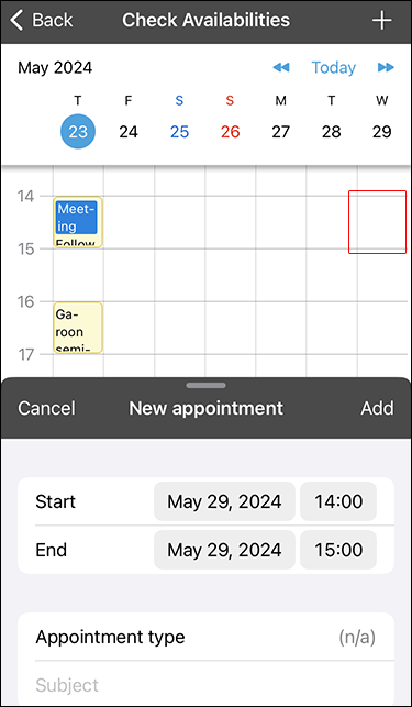 Screenshot: A screen to check availability. One of the available time slots is highlighted