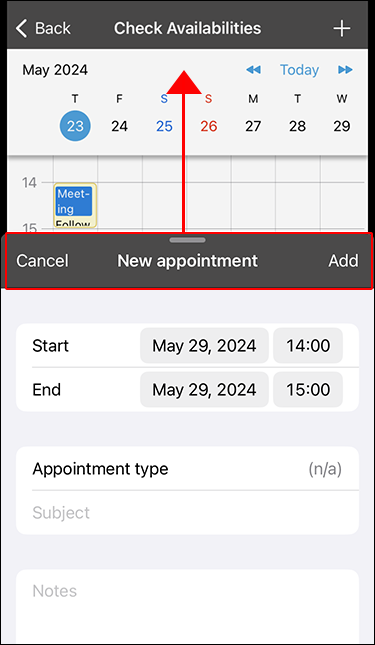 Screenshot: Dragging the top of the "New appointment" screen upward