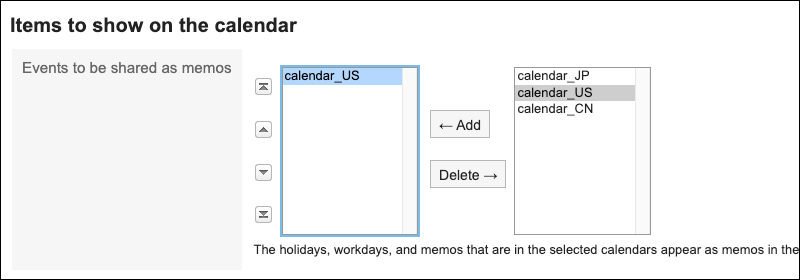 Screenshot: The calendar selection screen with a list of calendars selected by system administrators