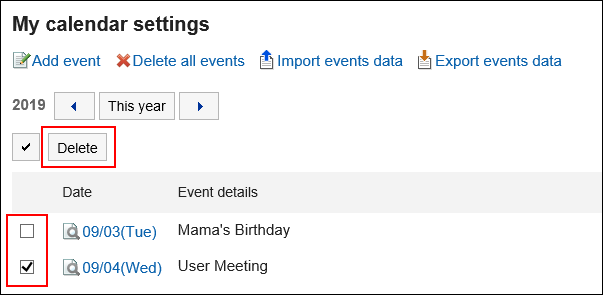 Image of selecting events to delete