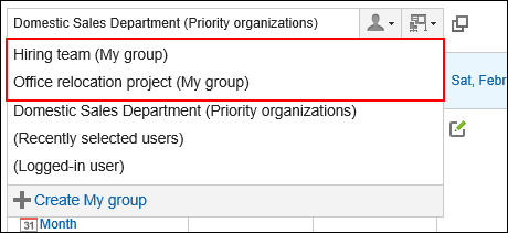 Screenshot: Group week screen with the preconfigured My groups being highlighted