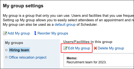 Screenshot: Link to edit My group is highlighted in the My group settings screen