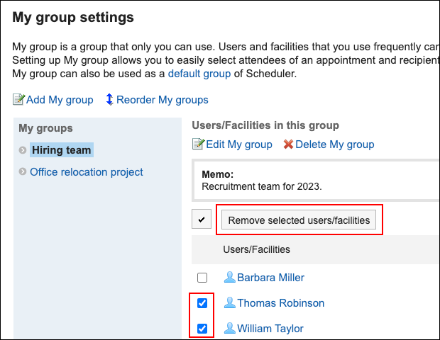 Screenshot: Selecting users to be removed from My group
