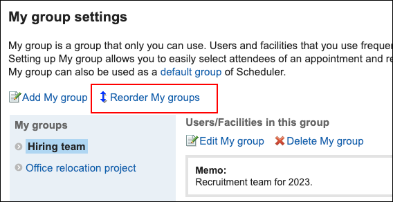 Screenshot: Link to reorder My groups is highlighted in the My group settings screen