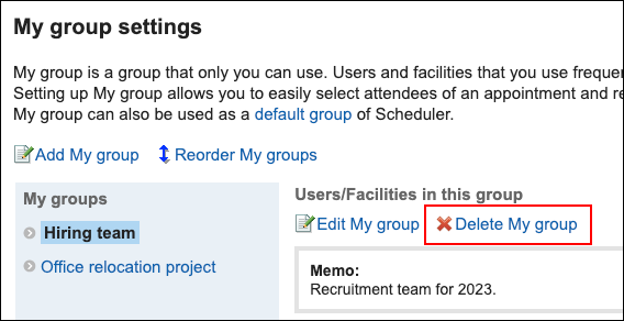 Screenshot: Link to delete My group is highlighted in the My group settings screen