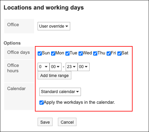 Screenshot: The "Locations and working days" screen with "Options" highlighted