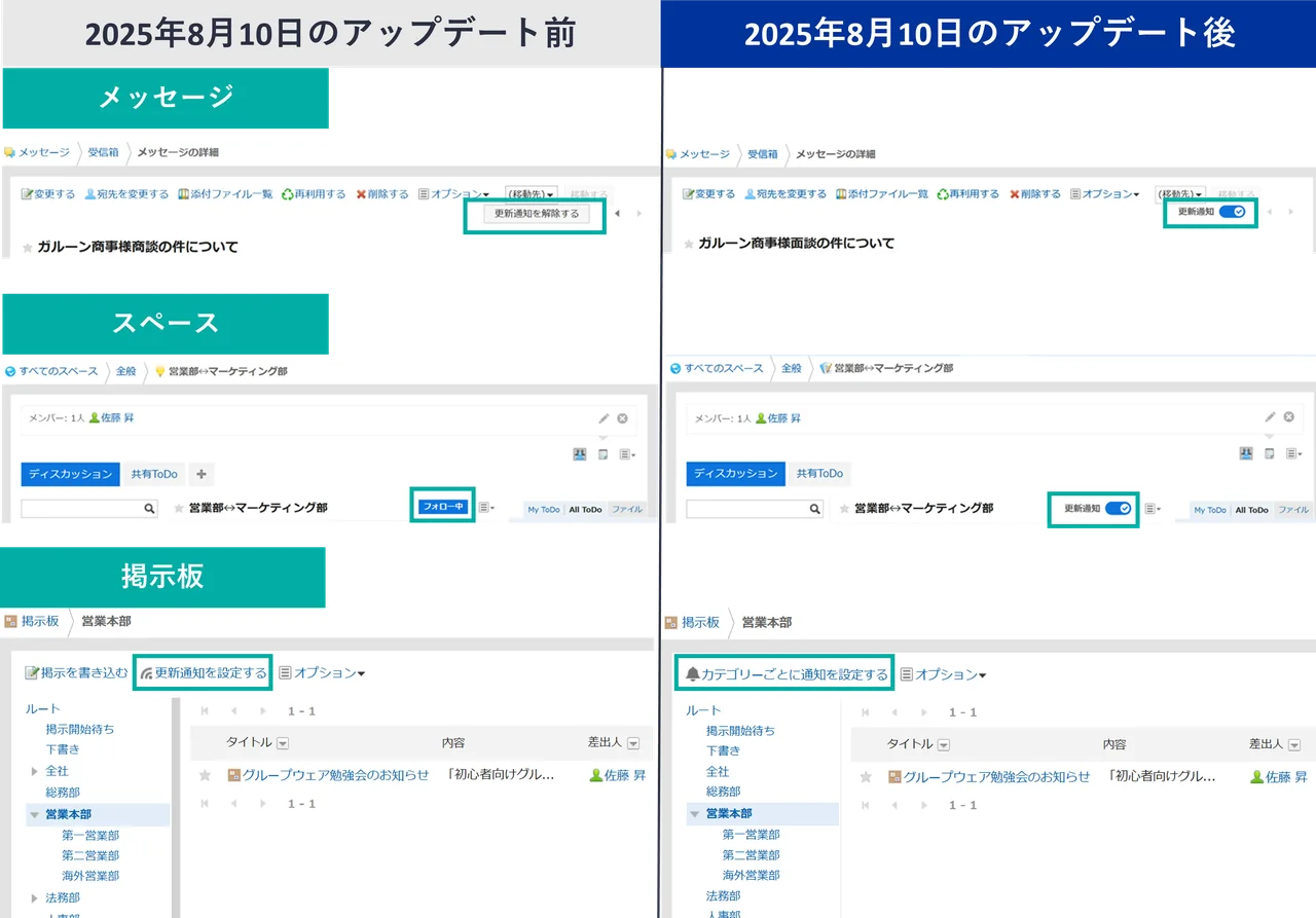 スクリーンショット：メッセージ、スペース、掲示板の通知設定画面
