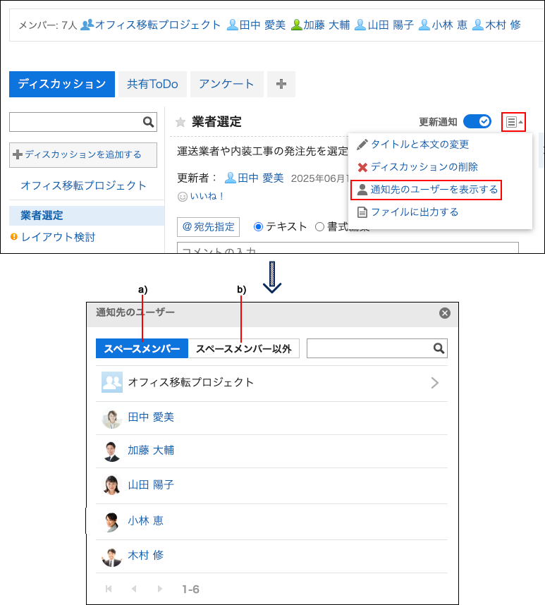 スクリーンショット：ディスカッションの更新通知を設定しているメンバーを表示している