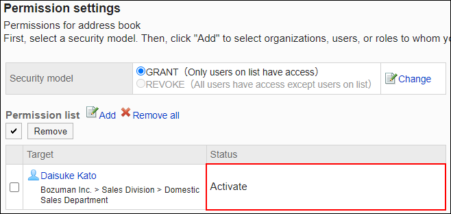 Screenshot: Example of permission settings. "Activate" permission is granted