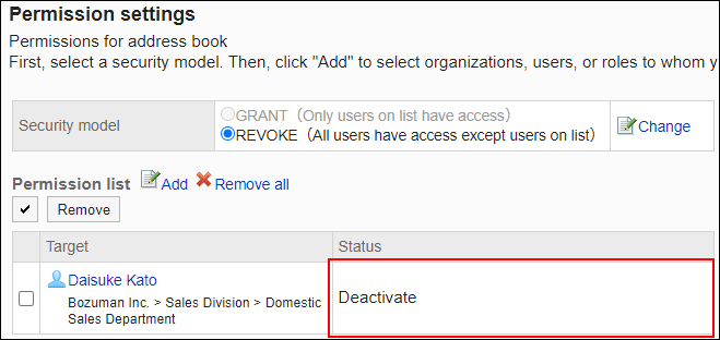 Screenshot: Example of permission settings. "Deactivate" permission is configured