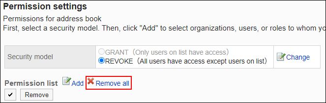 Screenshot: The 'Remove all' link is highlighted in the Permission settings screen.