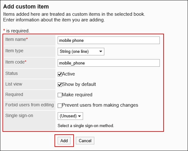 Screen to add custom items