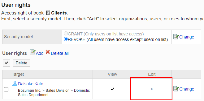 Screenshot: Example of permission settings. Edit permission has been removed